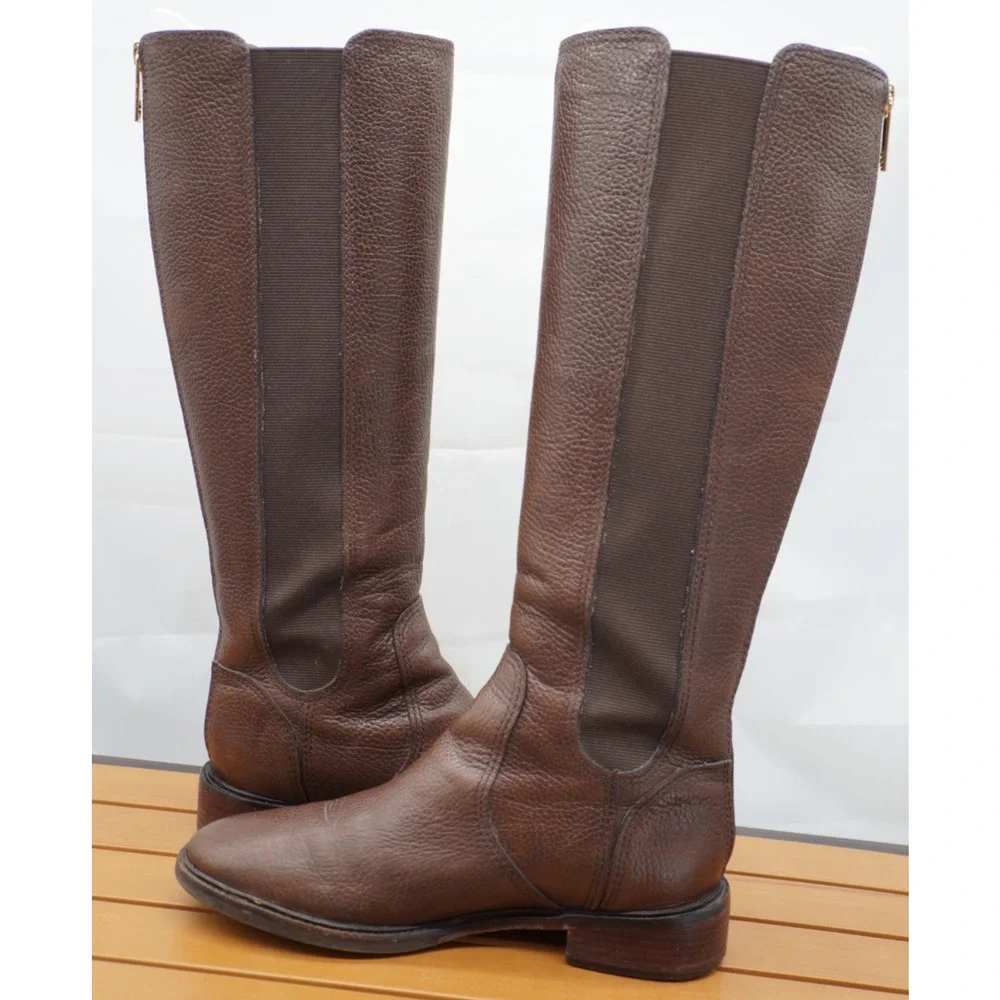Tory Burch Christy Tall Riding Boots Brown Pebbled Leather Rear Zip Size: 8.5 M
